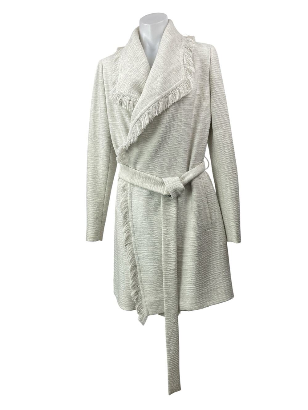 HUGO BOSS Womens White Long Sleeves Tweed Fringe Belted Shawl Wrap Coat Jacket 2